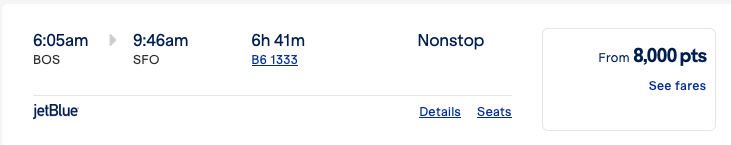 Screenshot of Boston to San Francisco for 8,000 points. 